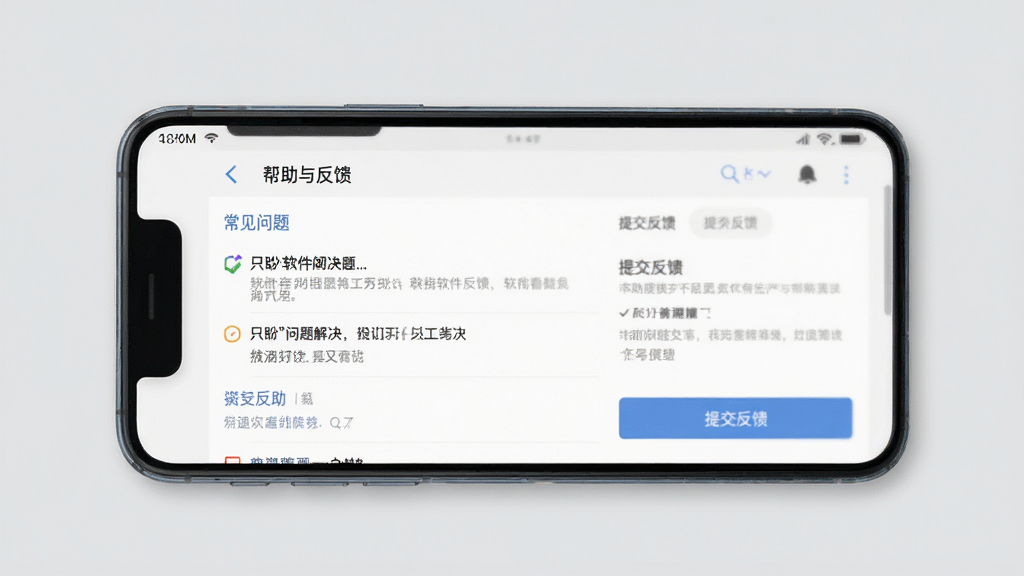 一幅展示“只盼”软件问题解决与帮助界面的生图,画面中手机屏幕显示着“帮助与反馈”页面,有常见问题列表和提交反馈按钮,背景是简洁的浅灰色调,风格为实用工具类界面设计,画质清晰,布局规整