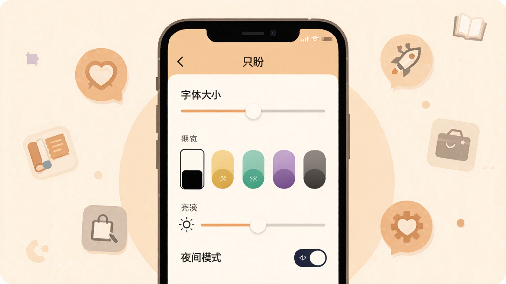 一张展示“只盼”软件阅读设置界面的生图,画面中手机屏幕显示着字体大小调节滑块、背景颜色选择器、亮度调节条和夜间模式开关,界面简洁直观,周围有柔和的图标装饰,风格为扁平化设计,色调温馨,画质高清