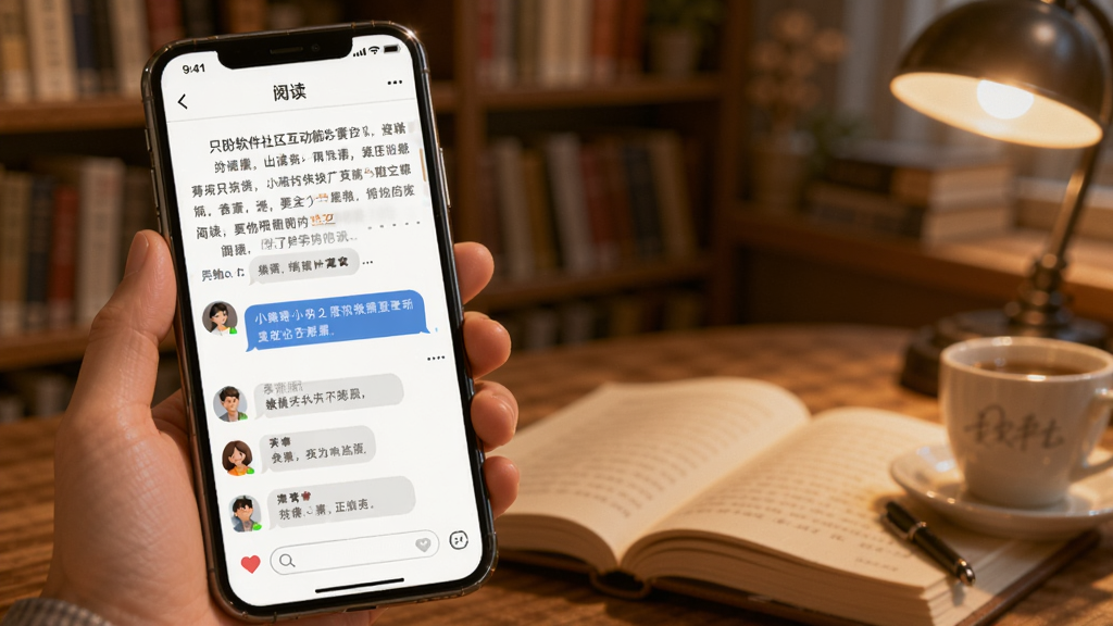一幅描绘“只盼”软件社区互动功能的AI生图,画面中手机屏幕显示着小说阅读页面和下方的评论区,有用户头像和对话气泡,背景是温暖的阅读氛围,风格为社交互动与阅读结合,画质清晰,元素丰富但不杂乱