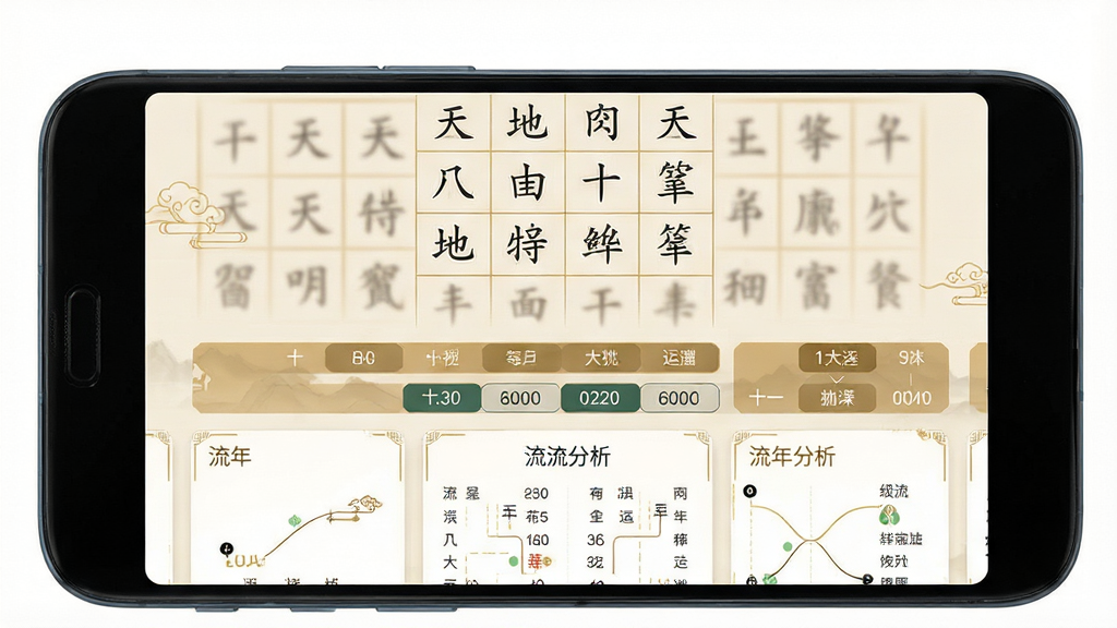 一张展示借问八字排盘软件界面的完整全貌图,画面主体为一部安卓手机竖屏展示排盘结果页,布局上方为四柱八字表格,中间为十神与大运信息条,下方为流年分析卡片,排版整齐清晰,风格为现代简约中国风,细节包含天干地支文字、金色线条装饰、淡雅米色背景,画质高清,干净,无多余元素