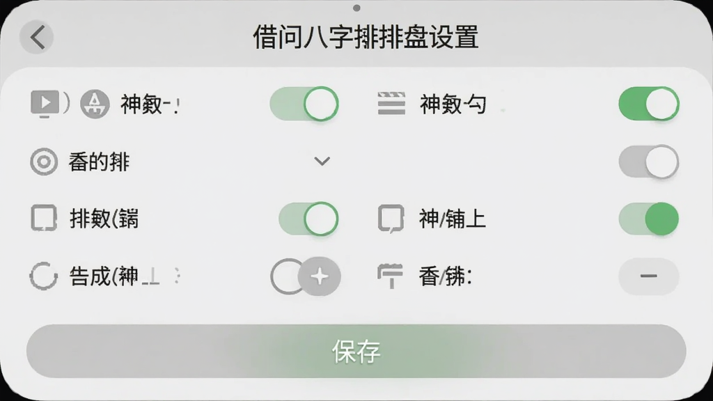 一部安卓手机屏幕截图,画面显示借问八字排盘的神煞设置面板,主体为开关按钮列表与参数选择项,布局上下排列,上方为标题借问八字排盘设置,中间为神煞勾选项,下方为保存按钮,风格为柔和圆角浅灰质感,细节包含小图标与开关状态,画质清晰,干净,无多余元素