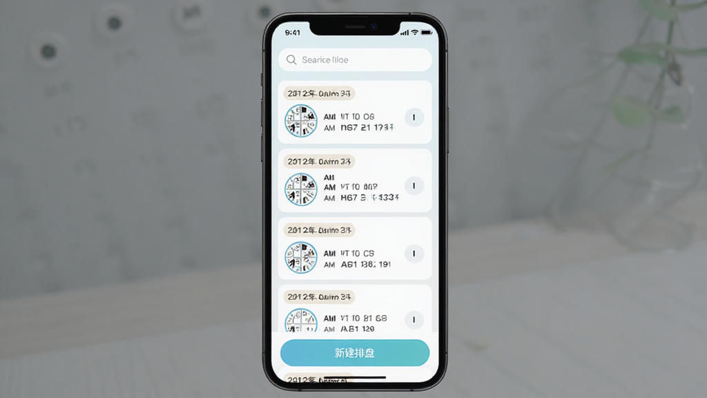 一部手机展示借问八字排盘的历史记录列表界面,主体为本地保存的命盘档案卡片,布局为纵向列表,上方为搜索框,中间为多条记录条目,下方为新建排盘按钮,风格为清新浅色极简风,细节包含日期标签与八字摘要文字,画质高清,干净,无多余元素