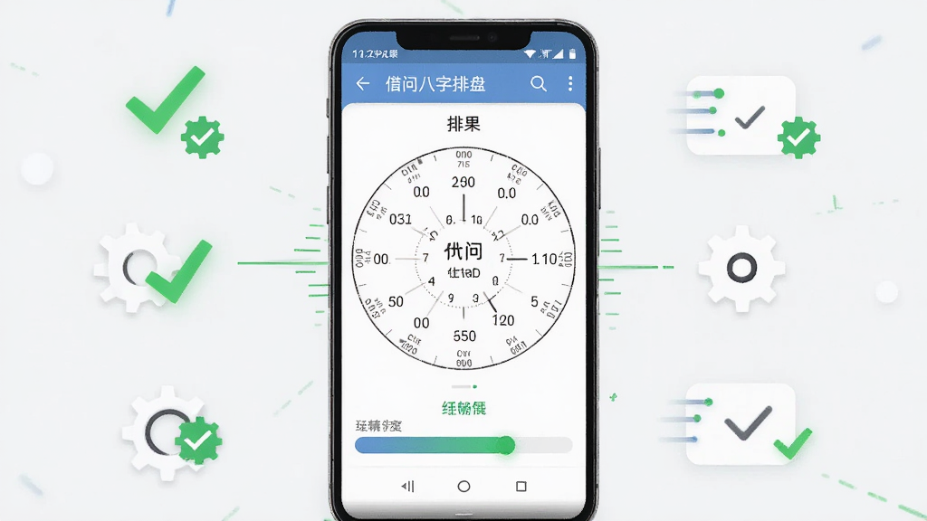 一张展示借问八字排盘在安卓手机上运行流畅的示意图,主体为手机屏幕显示排盘结果页与流畅度指示条,布局为手机居中、周围环绕性能图标,风格为科技简洁风,细节包含绿色对勾标记与速度线,画质清晰,干净,无多余元素