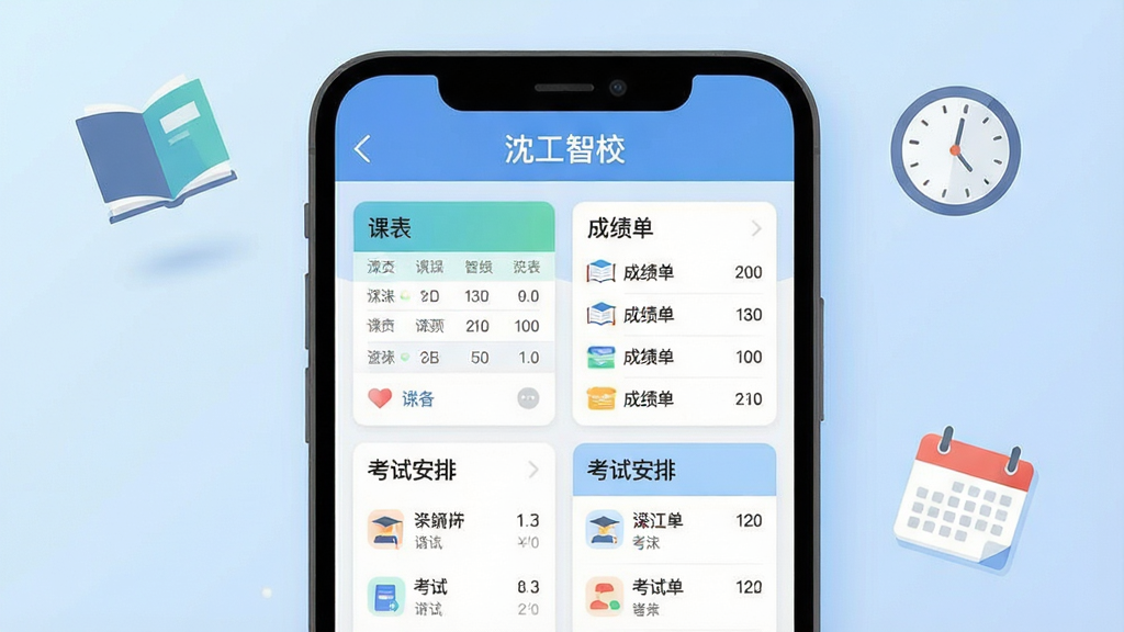 一幅扁平化风格的手机应用界面展示图,画面主体为“沈工智校”应用的教务查询功能页面,页面中清晰排列着课表卡片、成绩单列表和考试安排条目。背景为柔和的浅蓝色渐变,页面四周有悬浮的书籍、时钟和日历图标作为装饰。排版采用上下结构,上方为标题栏,下方为功能卡片网格。风格简洁明快,细节上要求文字清晰可辨、图标线条流畅,画质高清,画面干净,无多余元素。