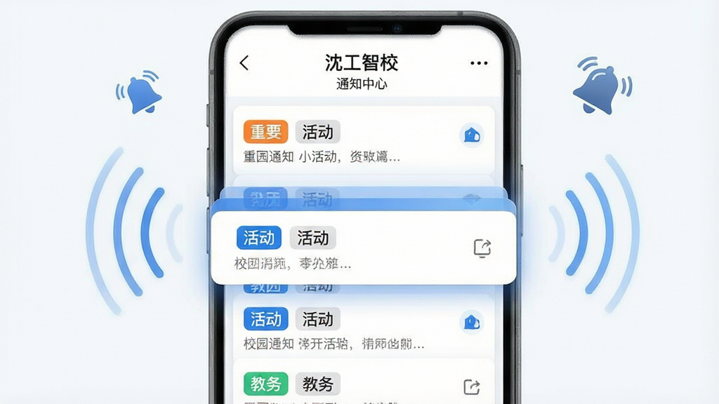 一幅展示消息推送功能的手机界面图,画面中“沈工智校”应用的通知中心页面清晰可见,屏幕上弹出多条校园通知卡片,卡片带有“重要”“活动”“教务”等标签。手机周围有信号波纹和铃铛图标,象征即时提醒。布局为居中展示,风格为现代简约科技风,色调以白色和蓝色为主。细节上要求通知卡片层次分明、文字清晰,画质高清,画面干净,无多余元素。
