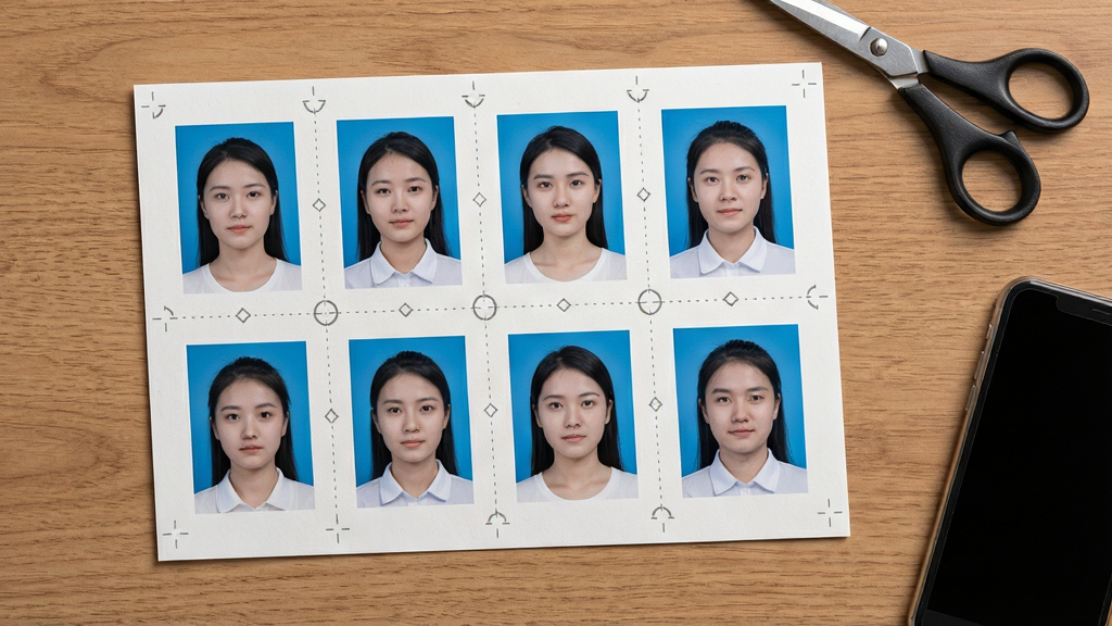 一张展示登记照软件排版打印功能的图片,画面为一张六寸相纸的预览图,相纸上整齐排列着八张一寸的蓝底证件照,照片之间有细小的灰色裁剪线。相纸旁边放着一把剪刀和一部智能手机。布局为俯视视角的桌面平铺,风格为生活化写实风格,细节上要求相纸质感真实,裁剪线清晰。画质高清,画面干净,背景为木质桌面,无多余杂物。