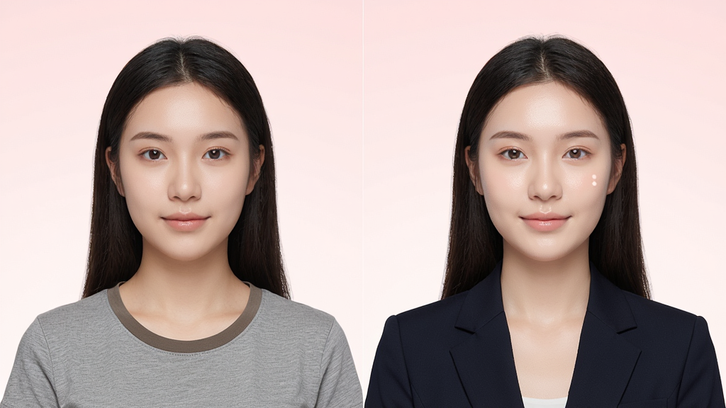 一张展示登记照软件换装与美颜功能的图片,画面中是一位年轻女士的证件照,左侧穿着休闲T恤,右侧经过软件处理后换上了深色职业西装,并且肤色更加均匀明亮。图片采用左右对比的布局,风格为时尚美妆类APP展示风格,细节上突出服装的合身度与面部皮肤的自然质感。画质要求高清,画面干净,背景为淡粉色渐变,无多余元素。