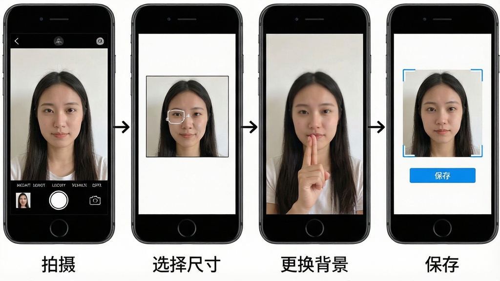 一张展示登记照软件操作步骤的示意图,画面分为四个手机屏幕,分别展示“拍摄”、“选择尺寸”、“更换背景”和“保存”四个步骤。屏幕下方有对应的文字标注。布局为横向排列的流程图,风格为简洁明了的教学图示风格,细节上要求每个屏幕的UI界面清晰,步骤之间有箭头连接。画质高清,画面干净,背景为白色,无多余元素。