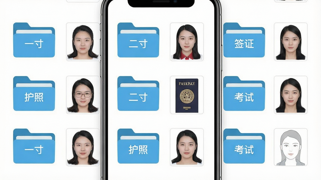一张展示登记照软件尺寸模板界面的图片,画面为手机屏幕截图样式,屏幕中整齐排列着多个文件夹图标,图标上分别标注着“一寸”、“二寸”、“护照”、“签证”、“考试”等字样。每个文件夹旁边展示着对应尺寸的证件照缩略图。布局为网格状排列,风格为清新简洁的扁平化UI设计,细节上要求图标清晰、文字可辨。画质高清,画面干净,背景为纯白色,无多余装饰。