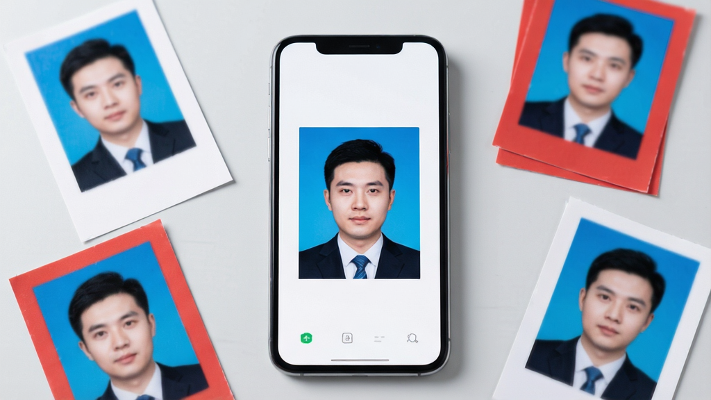一张展示智能手机屏幕的图片,屏幕中显示着登记照软件的界面,界面中心是一张标准的一寸证件照,照片中的人物穿着正装,背景为纯蓝色。手机周围散落着几张不同底色的打印好的证件照,如白色、红色和蓝色。画面布局简洁,手机位于正中央,光线明亮柔和,风格为现代科技产品展示风格。细节上要求手机屏幕清晰,证件照边缘处理干净,整体画质高清,无多余杂物,背景为干净的浅灰色桌面。