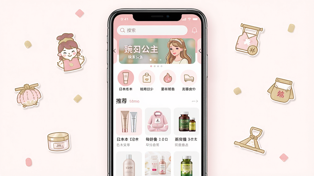 一张展示豌豆公主APP首页界面的手机样机图,画面中央是一部竖屏智能手机,手机屏幕上显示着豌豆公主购物平台的首页,顶部有搜索栏和轮播横幅广告,中间是商品分类图标区域,下方是推荐商品瀑布流,商品图片包含日本美妆护肤品、母婴用品和保健品等。手机周围散落着几个日本特色商品的小图标作为装饰点缀。整体布局为居中构图,风格清新简约日系,色调以柔和的粉色、白色和浅金色为主,细节上商品卡片圆角处理,图标线条精致。画质高清,干净明亮,无多余元素。