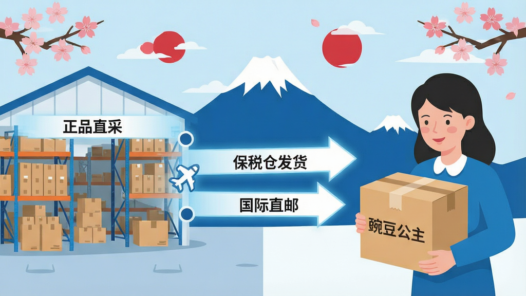 一张展示豌豆公主正品保障体系的示意图,画面左侧是日本商家仓库的实景插画,右侧是中国消费者收到包裹的场景,中间用一条带有箭头的光带连接,光带上标注「正品直采」「保税仓发货」「国际直邮」等节点。画面整体采用扁平化插画风格,色调以蓝色和白色为主,辅以日本元素的樱花和富士山剪影作为背景装饰。布局为左右对称式构图,细节上包裹上有「豌豆公主」的品牌标识。画质清晰,干净整洁,无多余元素。