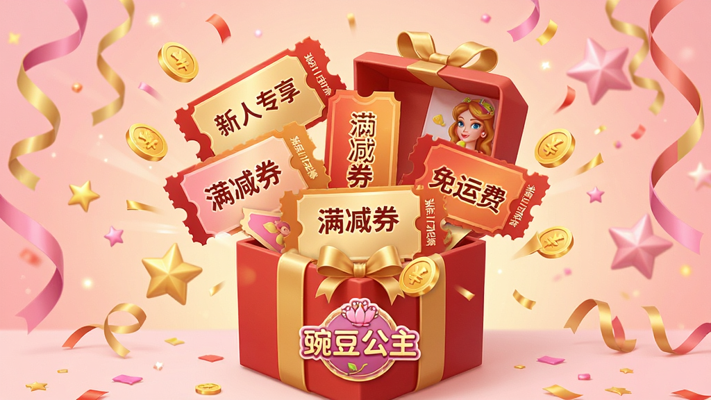 一张展示豌豆公主优惠活动的宣传图,画面中央是一个打开的礼盒,礼盒中飞出多张优惠券和积分金币,优惠券上标注着「新人专享」「满减券」「免运费」等字样,礼盒旁边有「豌豆公主」的品牌Logo。整体采用喜庆的促销风格,色调以红色、金色和粉色为主,布局为居中构图,背景有彩带和星星点缀。画质高清,元素丰富但不杂乱,无多余元素。