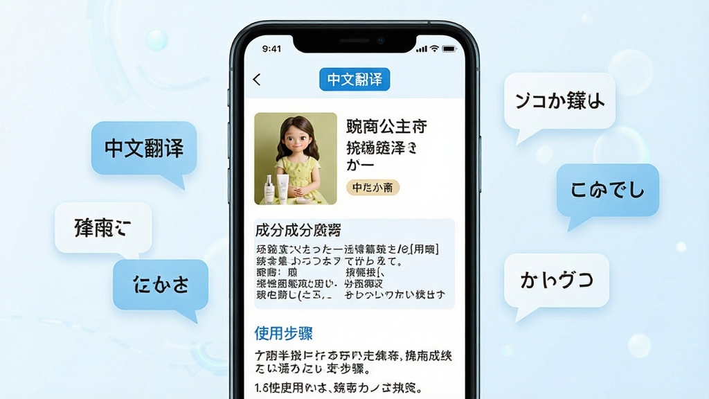 一张展示豌豆公主中文翻译功能的手机界面截图,画面中一部手机屏幕上显示着日本护肤品的中文详情页,页面包含商品图片、中文商品名称、中文成分表和使用步骤说明等内容,页面顶部有「中文翻译」标签标识。手机旁边漂浮着几个中日文对照的对话气泡图标作为装饰。整体风格为简洁的科技风,色调以白色和浅蓝色为主。画质清晰,界面元素排版整齐,无多余元素。