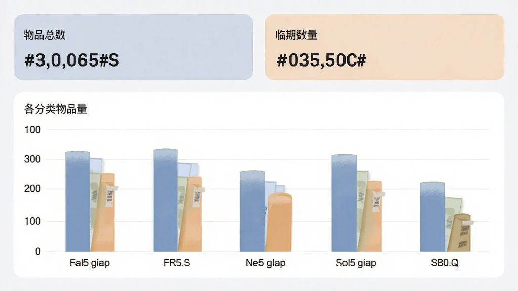 保质期监控的数据统计页面,页面上方显示物品总数和临期数量,下方有柱状图展示各分类物品数量,界面风格简约商务,配色柔和,画质清晰,无多余元素