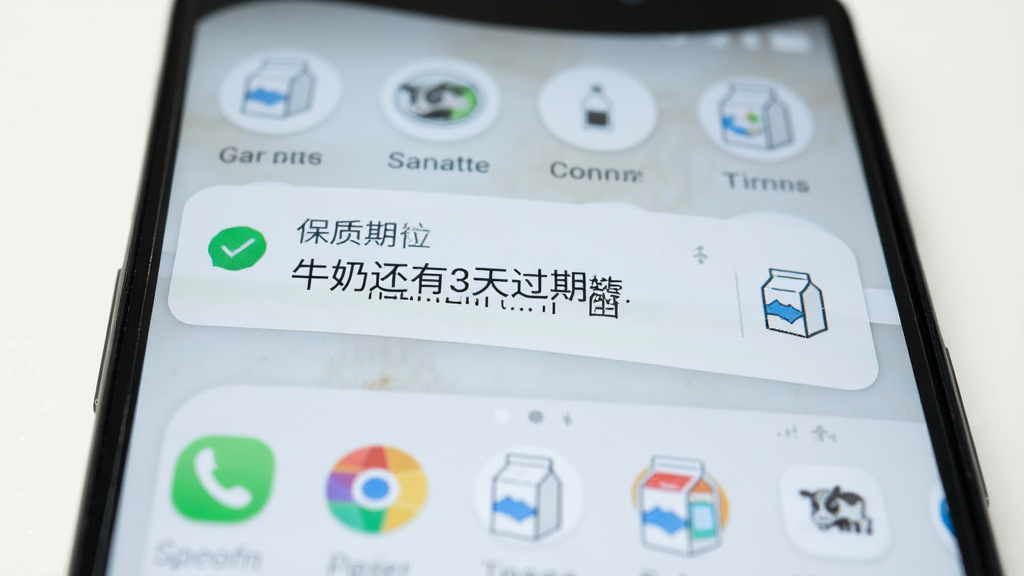一部安卓手机屏幕特写,屏幕上方弹出保质期监控的通知提醒,通知内容显示“牛奶还有3天过期”,背景是干净的桌面,风格简洁,主体突出,画质清晰,无多余元素