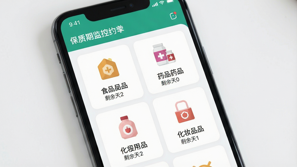 一张展示手机屏幕的图片,屏幕中显示保质期监控软件的主界面,界面上有食品、药品、化妆品等分类图标,每个物品旁边标注剩余天数,整体布局清晰,风格简约现代,画质干净,无多余元素