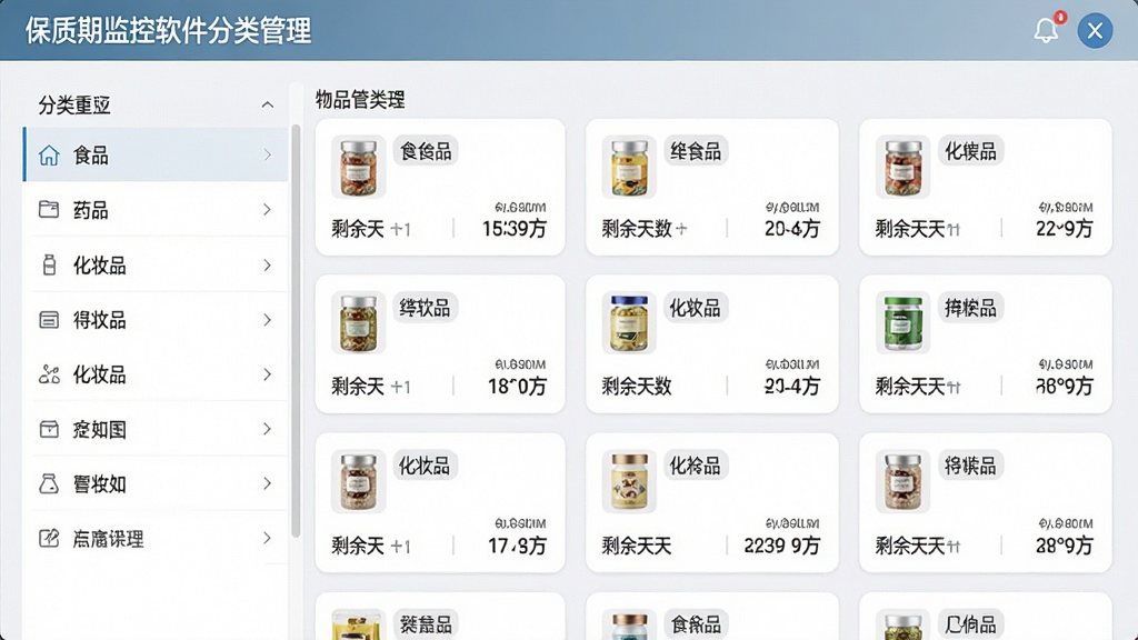 保质期监控软件的分类管理界面截图,左侧为分类列表包括食品、药品、化妆品等,右侧显示对应分类下的物品卡片,每张卡片上有物品名称和剩余天数,布局整齐,风格清新,画质干净,无多余元素