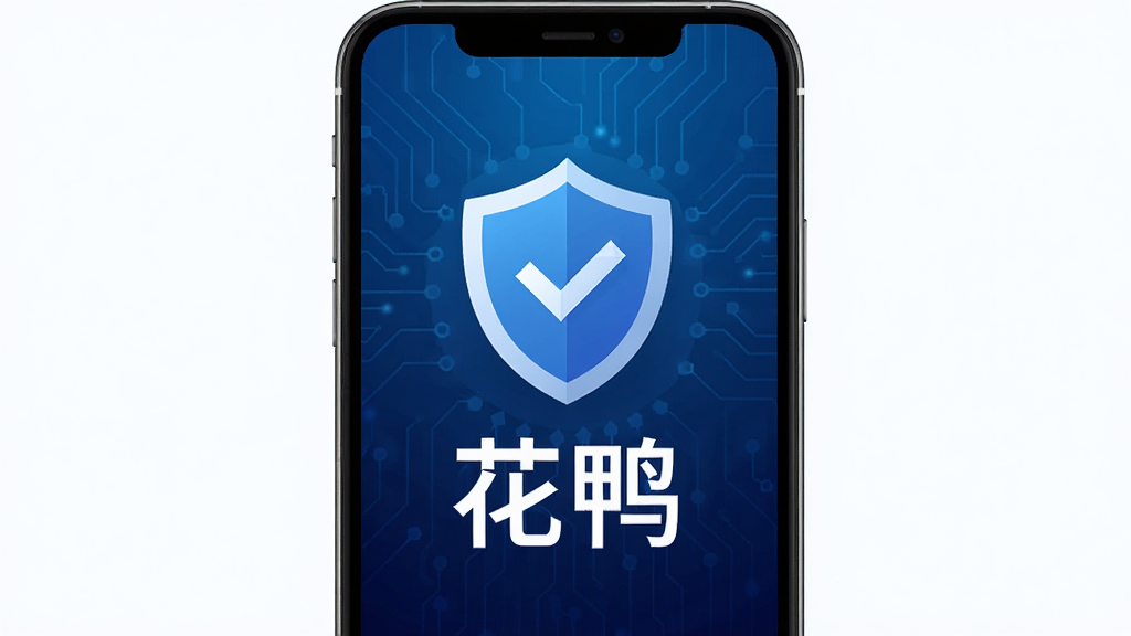 花鸭隐私安全页面,手机屏幕中央显示盾牌图标和花鸭文字,背景为深蓝色科技感渐变,扁平化安全主题设计,细节精致,画质高清,无多余元素