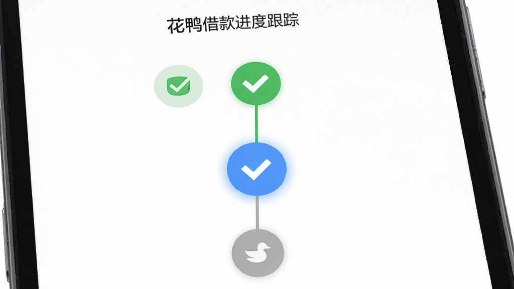 花鸭借款进度跟踪页面,手机屏幕竖向排列三个步骤节点,已完成节点为绿色打勾,当前节点为蓝色高亮,未完成节点为灰色,界面清爽,扁平化风格,画质高清,无多余元素