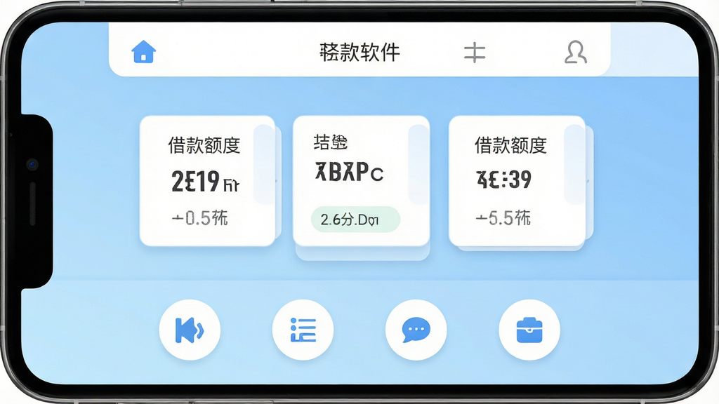 手机屏幕中央显示花鸭软件主界面,淡蓝色渐变背景,顶部白色导航栏,中部卡片式借款额度展示区,底部四个圆形功能图标,整体布局简洁清晰,扁平化UI设计风格,细节精致,画质高清,干净无多余元素
