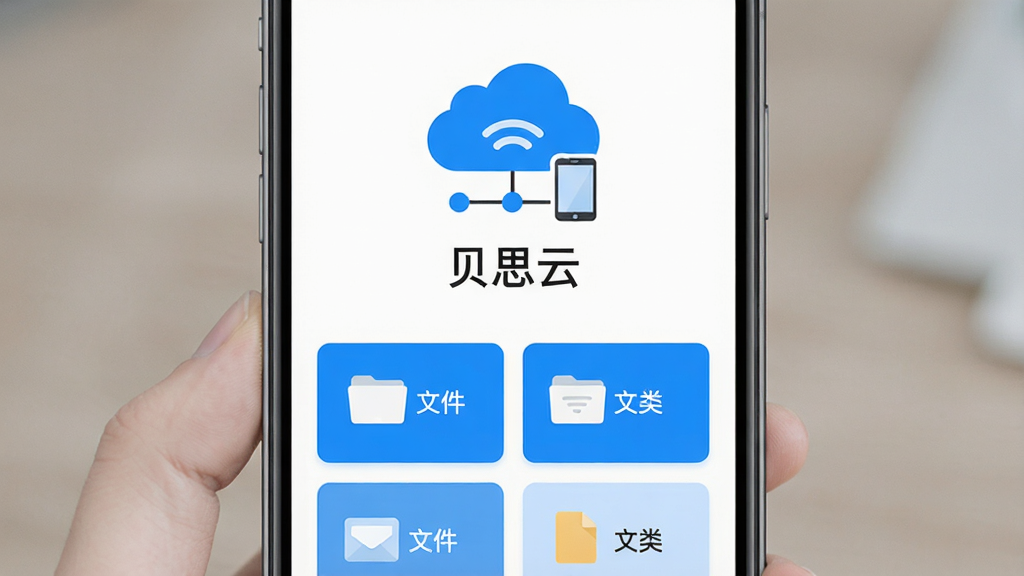 贝思云手机应用主界面展示,居中布局,上方为云朵与设备互联图标,下方为文件分类卡片,蓝白配色,扁平化风格,画面干净清爽,文字标注“贝思云”,高清画质,无多余元素