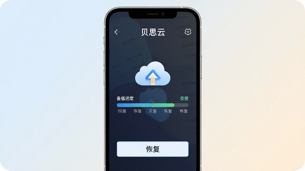 贝思云数据备份与恢复功能示意图,手机屏幕显示备份进度条与云端图标,下方有恢复按钮,背景为柔和浅色,风格简洁商务,画面中标注“贝思云”,高清干净,无多余元素