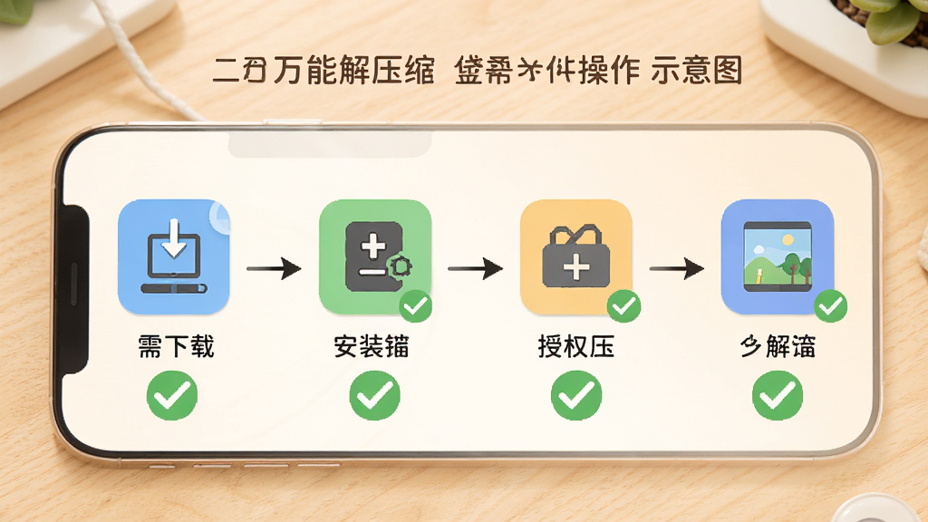 zip万能解压缩新手操作示意图,画面展示一部手机屏幕内分步骤显示下载、安装、授权、解压四个图标流程,每个步骤有绿色对勾标记,背景为浅色木纹桌面,风格温馨易懂,画质清晰干净