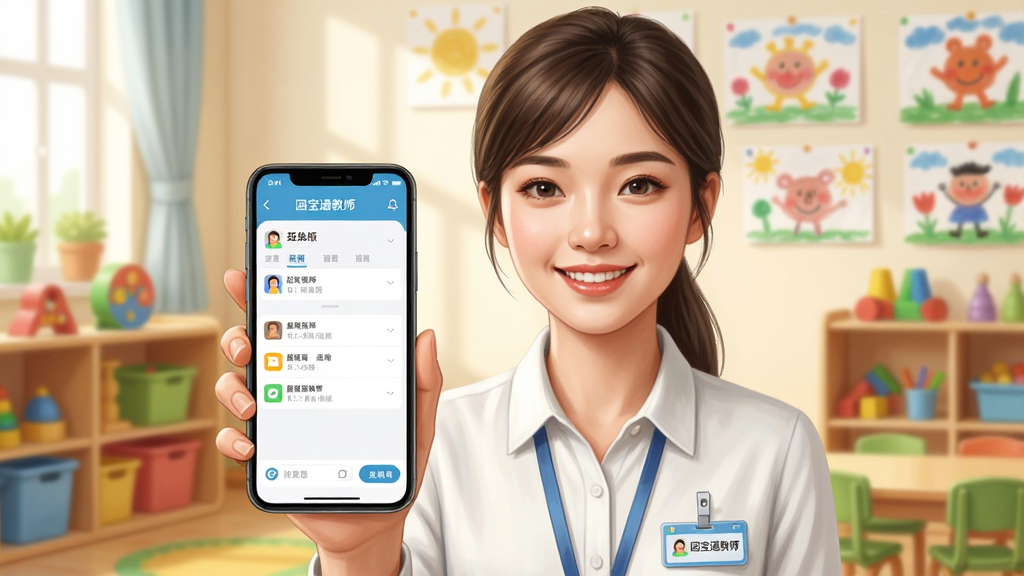 一张展示幼儿园教师使用手机应用管理班级的场景图,主体是一位面带微笑的年轻女教师手持智能手机,手机屏幕显示“园宝通教师”应用界面包含班级列表和消息通知,布局为教师居中手机屏幕清晰可见,背景是明亮温馨的幼儿园教室环境有彩色教具和儿童画作,风格为写实插画风,细节包括教师佩戴工牌、手机界面图标简洁、教室光线柔和,画质高清干净无多余元素。