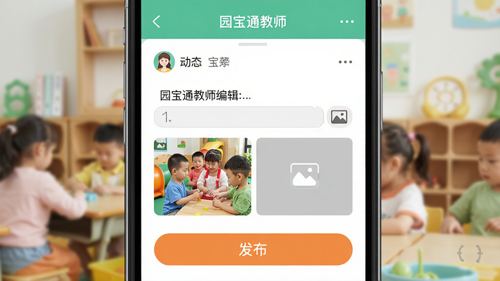 一张展示幼儿园教师用手机发布班级动态的场景图,主体是手机屏幕特写显示“园宝通教师”应用内动态编辑界面有文字输入框和图片上传按钮,布局为手机居中占画面主要位置,风格为扁平化UI展示风,细节包括界面配色清新、有已上传的幼儿活动照片缩略图、发布按钮醒目,画质高清干净无多余元素。