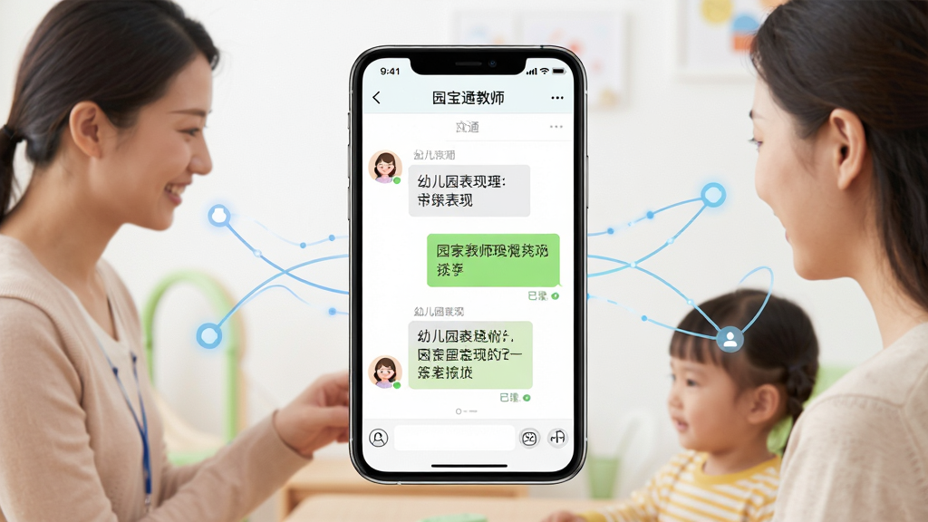一张展示幼儿园教师与家长通过手机应用沟通的场景图,主体是手机屏幕显示“园宝通教师”聊天界面有家长头像和对话气泡,布局为手机居中两侧有抽象化的家园连接线条,风格为现代简约科技风,细节包括对话内容涉及幼儿在园表现、界面有已读标记、色彩柔和,画质高清干净无多余元素。
