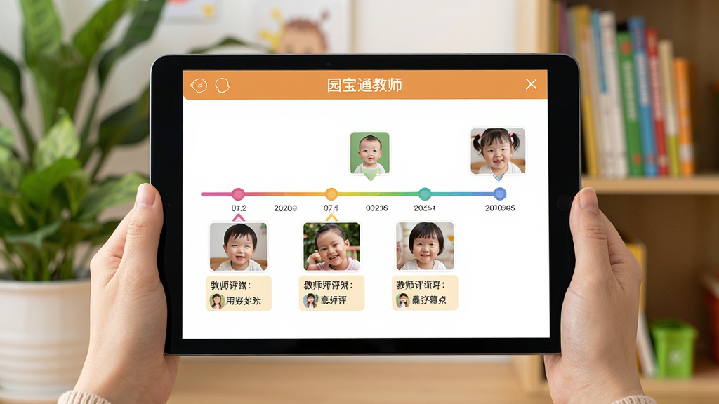 一张展示幼儿园教师使用园宝通教师应用查看幼儿成长档案的场景图,主体是平板电脑屏幕显示“园宝通教师”成长档案界面有时间轴和幼儿照片,布局为平板居中双手持握,风格为温馨教育风,细节包括界面有彩色时间轴节点、照片下方有教师评语文字、背景有绿植和书架,画质高清干净无多余元素。