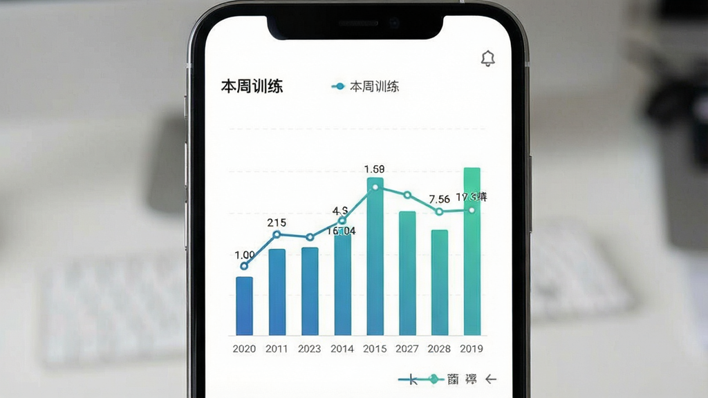 一张展示呼愈数据统计页面的图片,画面主体为手机屏幕,屏幕内显示柱状图与折线图组合的数据面板,图表上方有“本周训练”文字,下方有日期轴,背景为白色,布局采用上下分区排版,风格商务简约,细节上图表颜色为蓝绿色渐变,数据点清晰,画质干净,无多余元素
