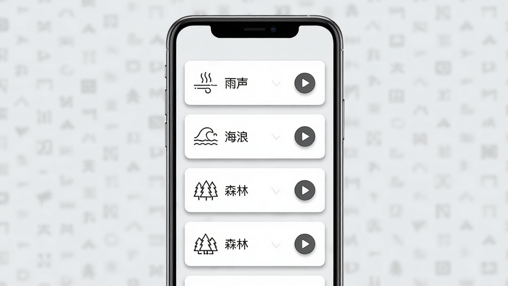 一张展示呼愈音效播放界面的图片,画面中央为手机屏幕,屏幕内呈现音效列表卡片,卡片上有“雨声”“海浪”“森林”等文字标签和播放按钮,背景为浅灰色,布局采用纵向列表排版,风格简约清爽,细节上卡片带有轻微阴影,图标为线性风格,画质清晰,无多余元素