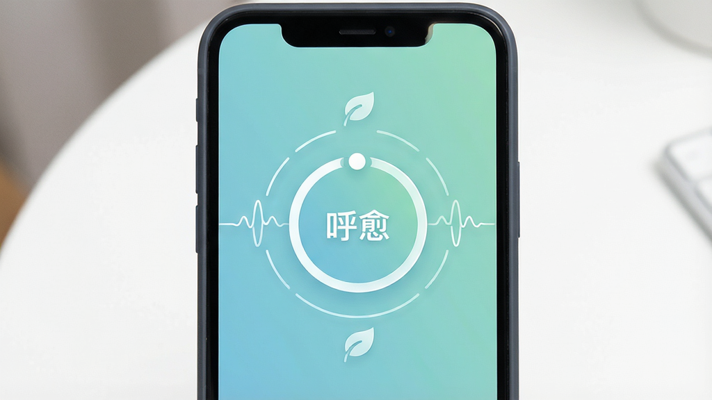 一张展示手机屏幕中呼愈应用界面的图片,画面中央是手机正视图,屏幕内呈现柔和的蓝绿色渐变背景,中间有圆形呼吸引导动画和“呼愈”文字标识,周围环绕着简约的波形线条和叶子图标,布局采用居中对称排版,风格清新治愈,细节上手机边框为深灰色圆角设计,背景为干净的白色桌面,画质清晰,无多余元素