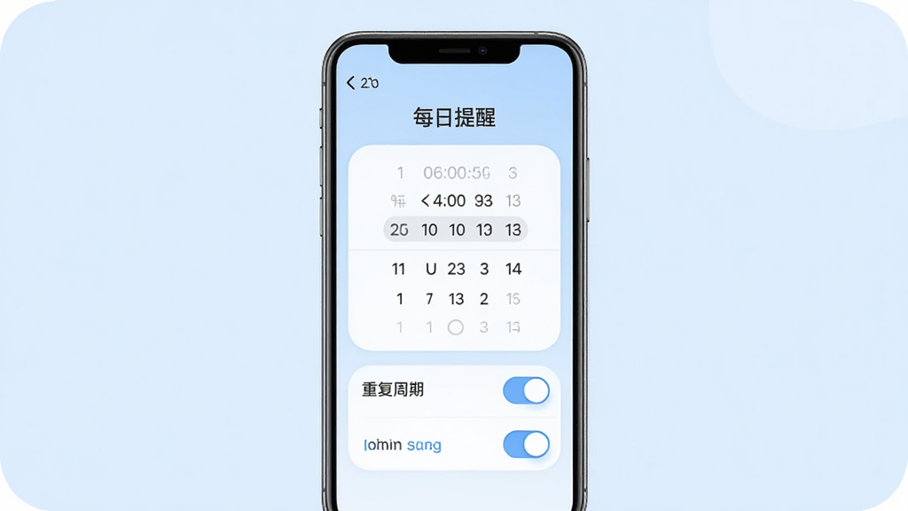 一张展示呼愈提醒设置界面的图片,画面中央为手机屏幕,屏幕内显示时间选择器与重复周期选项,上方有“每日提醒”文字,背景为浅蓝色,布局采用表单式排版,风格清新柔和,细节上开关按钮为圆角设计,文字清晰,画质干净,无多余元素