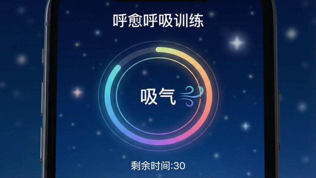 一张展示呼愈呼吸训练界面的图片,画面主体为手机屏幕特写,屏幕内显示圆形呼吸引导动画,外圈有进度光环,中央有“吸气”文字提示,背景为深蓝色夜空与柔和星光,布局采用上下结构,上方为训练名称,下方为剩余时间,风格科技感与治愈感结合,细节上动画线条流畅,色彩过渡自然,画质干净,无多余元素