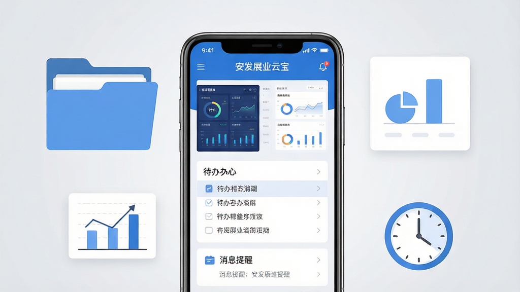 画面中央放置一部智能手机,屏幕显示“安发展业云宝”应用主界面,界面中包含数据看板、待办列表与消息提醒模块。手机周围环绕简洁的办公元素,如文件夹、图表卡片与时钟图标,采用扁平化商务风格。背景为浅灰渐变,整体色调以蓝白为主,干净整洁。画质清晰,无多余装饰元素。