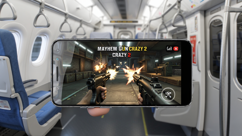 һ����׿�ֻ������ճ������У���Ļ��ʾMayhem Gun Crazy 2��ս�����棬�ֻ���Χ�зɻ����������������������Ԫ�����ҷֲ���ǿ�����߿�������������䣬������Ϊ����Ʒչʾͼ��ϸ�ڰ����ֻ��߿򷴹⡢��Ļ��ǹս�������źŹر�ͼ�꣬���ʸ��壬�ɾ����޶���Ԫ��
