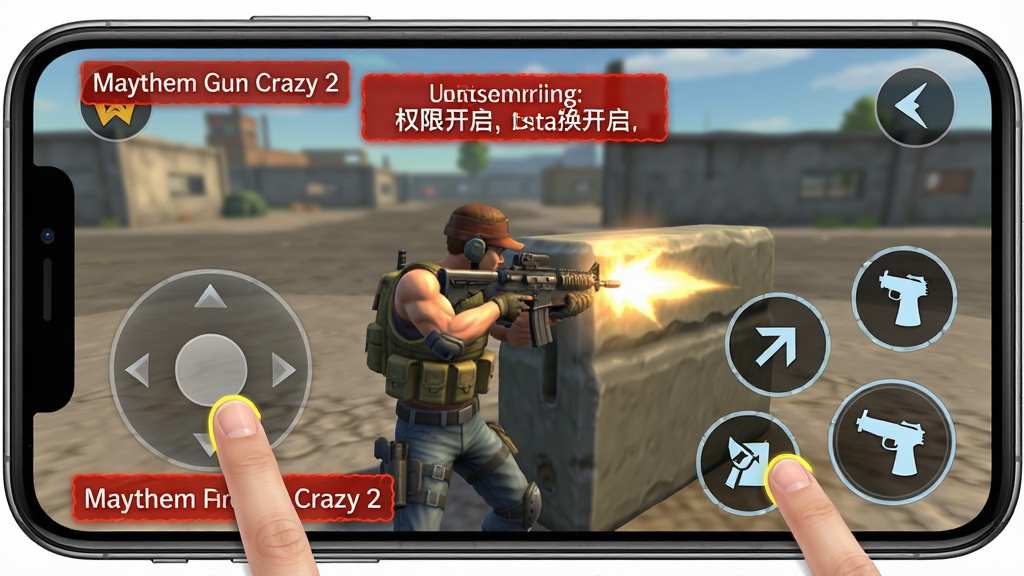 �ֻ���Ļ��ʾMayhem Gun Crazy 2�����ⰴ�����֣����Ϊ��͸��ҡ�ˣ��Ҳ�Ϊ����뻻����ť�������н�ɫ����������������Ļ��Ե�к�ɫ��ʾ���ֿ�ע��Ȩ�޿������裬������Ϊ�̳�ʾ��ͼ��ϸ�ڰ�����ָ���ظ�������ťͼ���뷽���ͷ�����ʸ��壬�ɾ����޶���Ԫ��