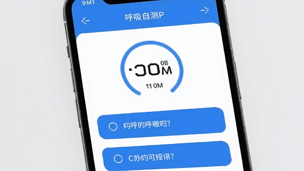 手机屏幕显示呼愈APP的呼吸自测界面,有计时器和问答选项,界面设计简洁,以蓝色和白色为主色调,背景为淡灰色,画质高清,干净无多余元素