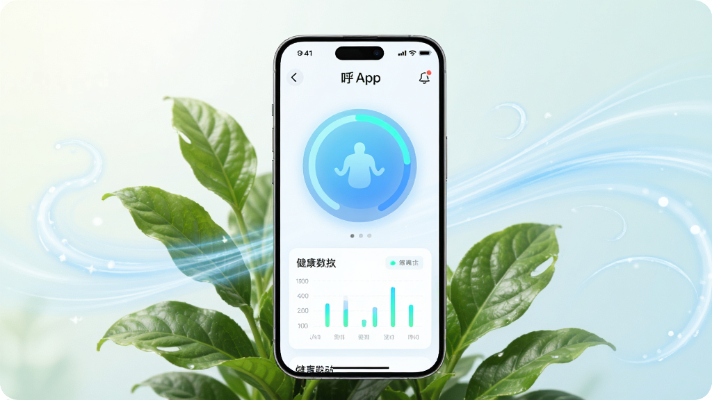 画面中央一部智能手机,屏幕上显示呼愈APP主界面,界面中有呼吸训练圆圈动画和健康数据图表,手机周围环绕着清新的绿色植物叶片和柔和的蓝色气流线条,背景为浅色渐变,整体风格简洁清新,画质高清,干净无多余元素