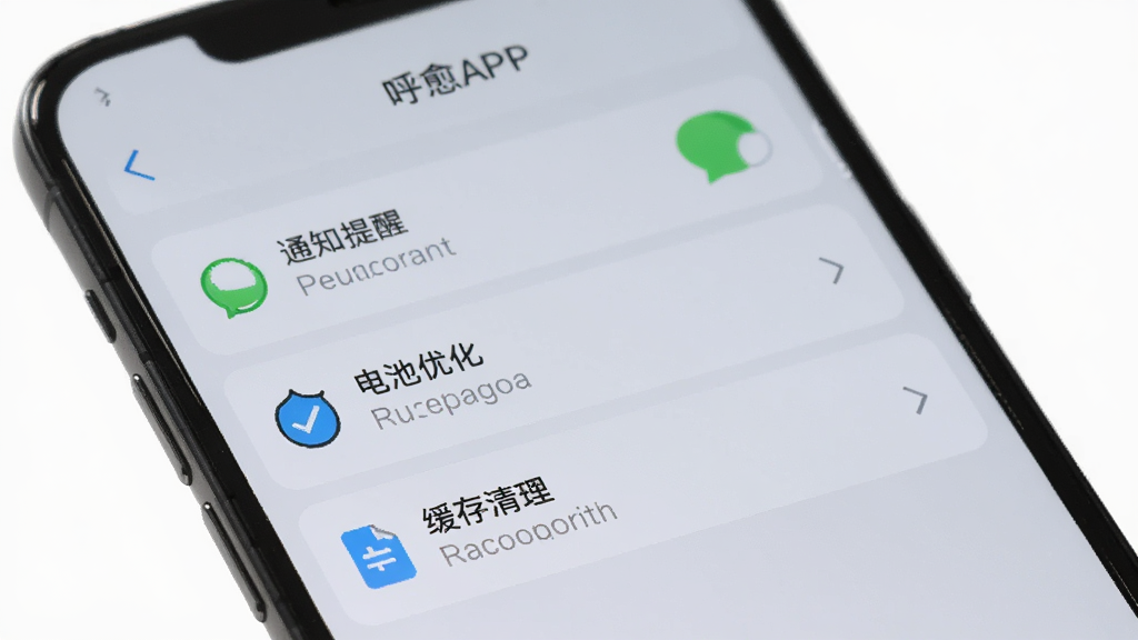 手机屏幕显示呼愈APP的设置页面,有通知提醒、电池优化、缓存清理等选项,界面清晰,背景为浅灰色,画质高清,干净无多余元素