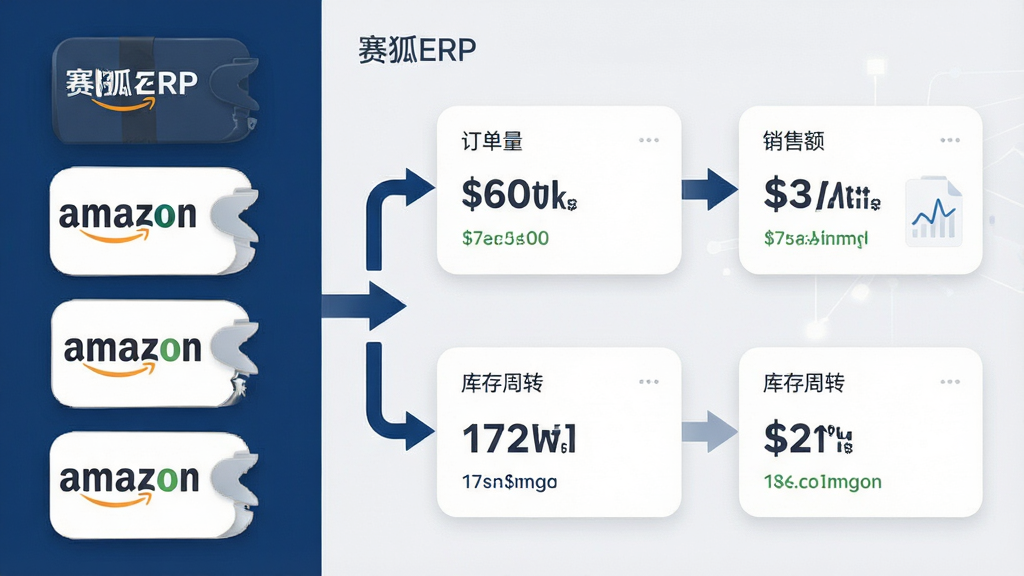 画面采用左右分栏布局,左侧为多个亚马逊店铺图标纵向排列,右侧为统一的数据看板,看板中展示订单量、销售额、库存周转等指标卡片,中间用箭头连接表示数据汇聚,整体风格为简洁商务风,配色以深蓝、浅灰与白色为主,细节上体现图标精致、数据卡片圆角柔和,画质高清,画面干净,无多余元素,图片中文字标注“赛狐ERP”
