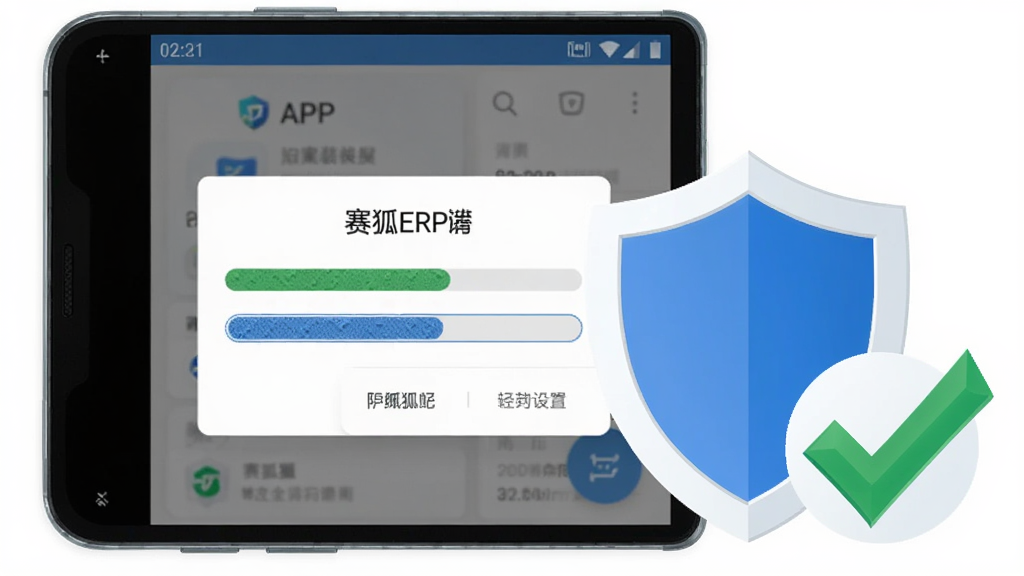 画面中央为一部安卓手机,手机屏幕显示APP安装进度条与权限设置弹窗,手机旁边放置一个盾牌图标与勾选标记,整体布局为居中构图,风格为简洁扁平化,配色以白色、蓝色与绿色为主,细节上体现进度条质感与盾牌图标立体感,画质高清,画面干净,无多余元素,图片中文字标注“赛狐ERP”