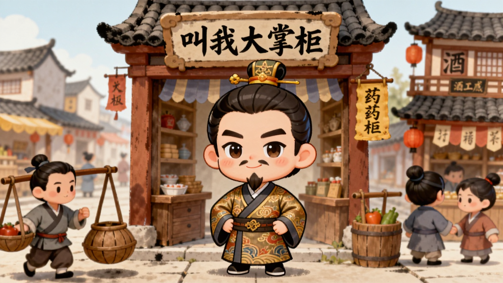 画面中央是一位身穿古装锦袍的Q版男性掌柜,站在古代商业街的店铺门口,身后是挂着“叫我大掌柜”匾额的药铺与酒楼,街道上有挑担的货郎和来往的客人,整体采用国风水墨与Q版卡通融合的风格,色彩温暖明亮,细节丰富,布局为竖版手机屏幕比例,画质高清干净,无多余杂乱元素