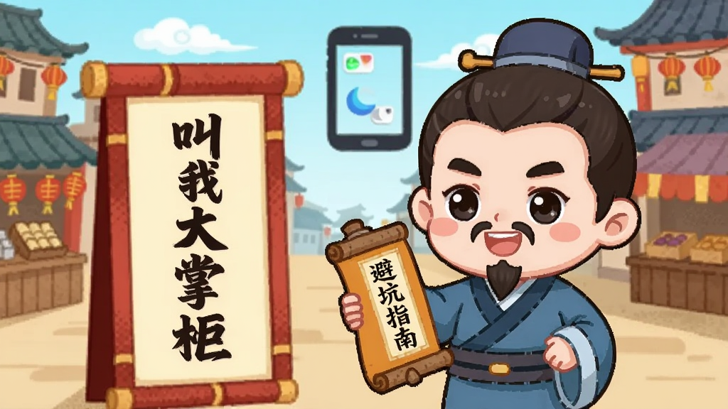 一位Q版古装掌柜手持“避坑指南”卷轴,站在写有“叫我大掌柜”的告示牌旁,背景是古代街市与手机图标结合的场景,采用扁平化国风插画风格,色彩明快,布局简洁,画质高清,干净无多余元素