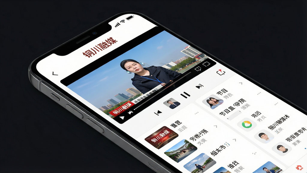 一张展示新闻直播功能的手机APP截图,主体是手机屏幕,屏幕中显示“铜川融媒”直播播放界面,布局为视频播放窗口加下方节目列表,排版包含播放控制按钮和节目预告,风格为现代影音风,细节上画面明亮清晰,背景为干净的深色,画质高清,干净,无多余元素