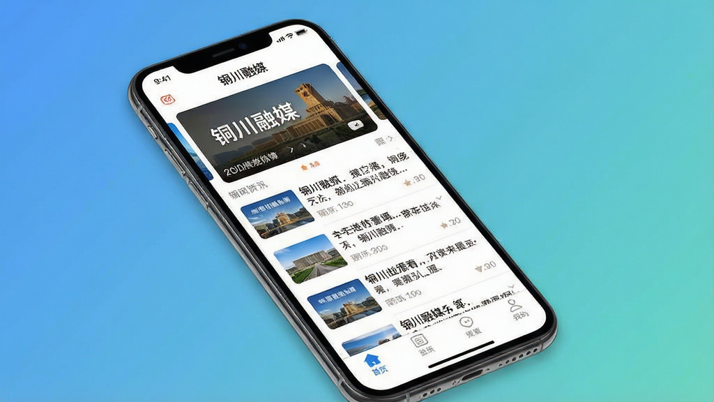 一张手机屏幕展示本地新闻资讯APP的界面,主体是一部现代智能手机,屏幕中显示“铜川融媒”应用首页,布局包含顶部轮播图、新闻列表和底部导航栏,排版清晰整齐,风格为现代扁平化科技风,细节上屏幕内文字清晰可见,背景为干净的纯色渐变,画质高清,干净,无多余元素