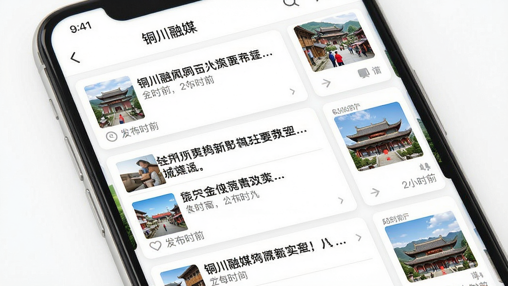一张展示新闻资讯聚合页面的手机APP截图,主体是手机屏幕,屏幕中显示“铜川融媒”新闻列表,布局为上下滑动式卡片设计,排版包含标题、缩略图和发布时间,风格为清爽资讯风,细节上文字清晰排列整齐,背景为干净的白色,画质高清,干净,无多余元素